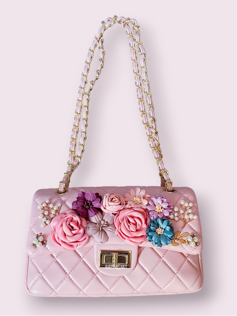 Elegant Dusty Pink Quilted Floral Gold Chained Shoulder Bag